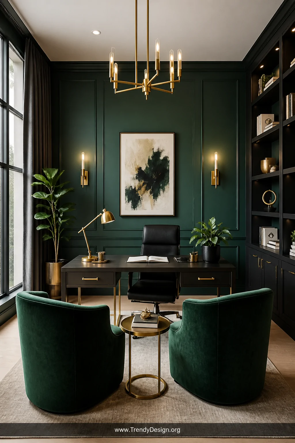 Wide-angle photorealistic shot of an executive coaching office featuring a dramatic deep emerald accent wall with brushed bra
