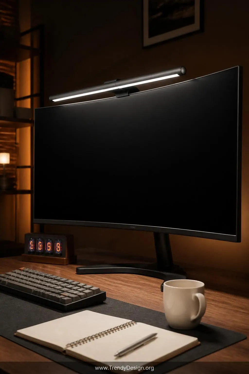Closeup shot of a sleek aluminum monitor light bar mounted on top of a large curved monitor, casting a precise warm downward 