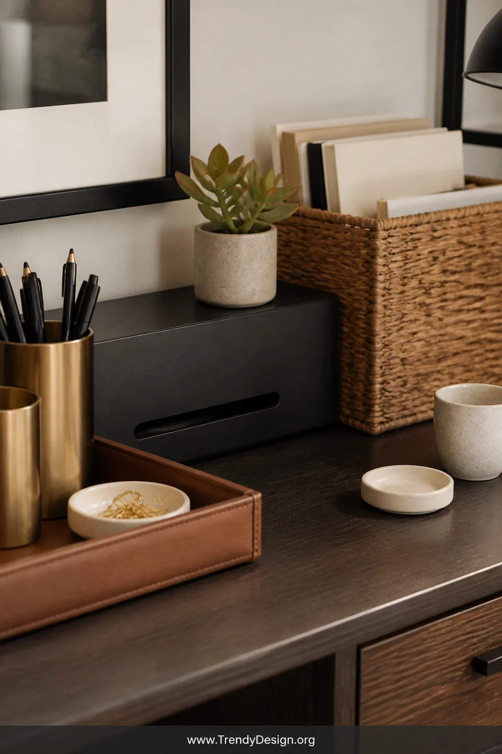 Closeup detail shot of an immaculately organized desk surface featuring a leather-wrapped catchall tray holding brushed metal