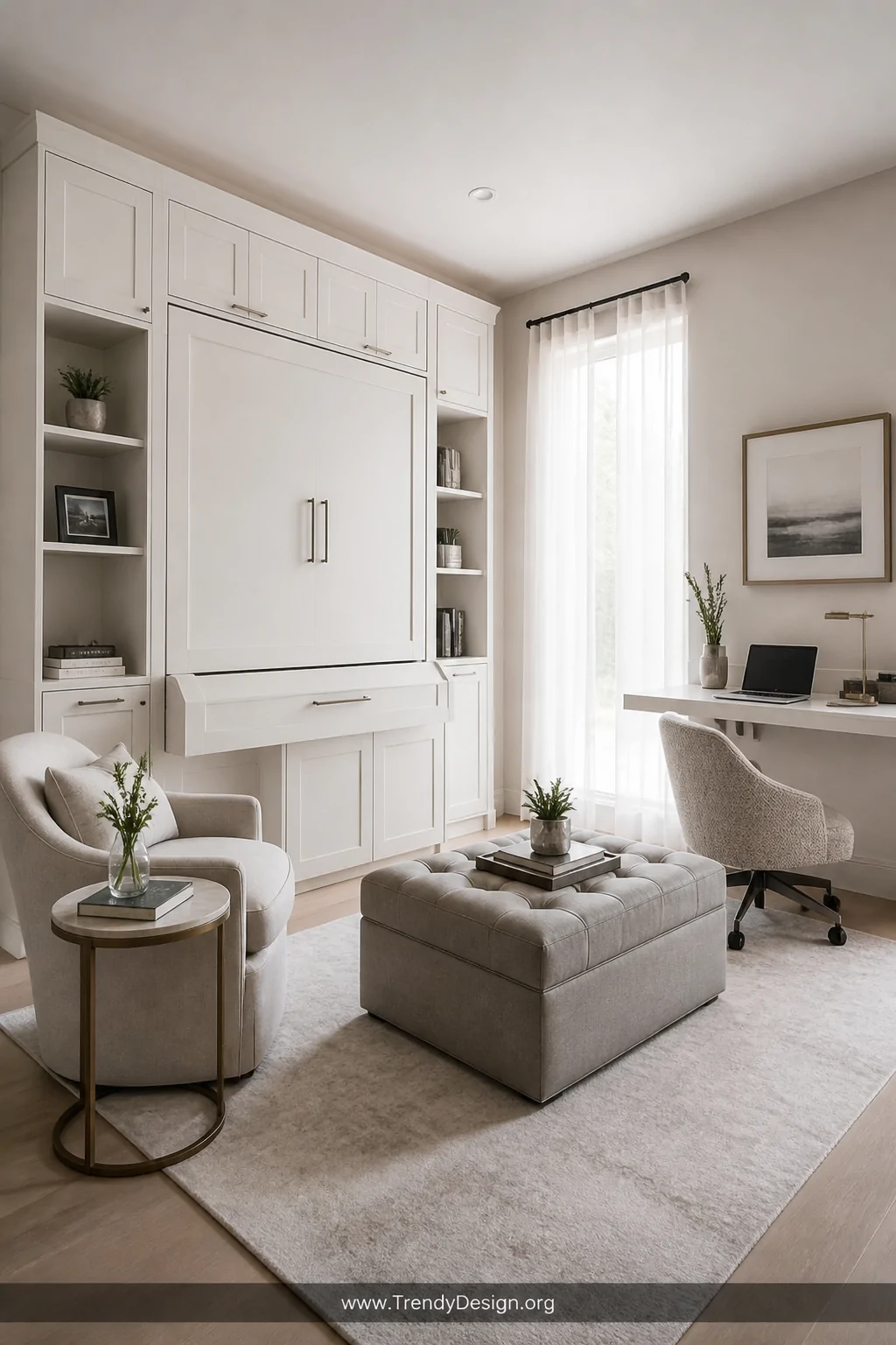 A sophisticated multi-use bedroom and home office featuring a floor-to-ceiling murphy bed unit in warm white cabinetry with a