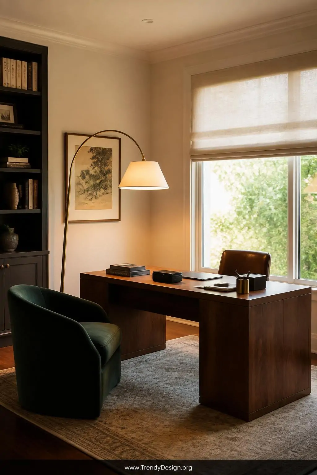 Wide shot of a sophisticated home office with a walnut desk positioned perpendicular to a large window flooding the space wit