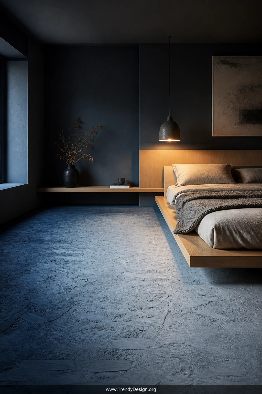 Wide-angle photorealistic bedroom interior featuring an ombre gradient painted OSB floor transitioning from deep slate blue a