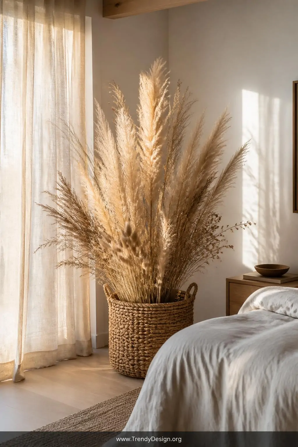 A wide shot of a bright minimalist bedroom corner where a chunky woven rattan floor basket overflows with towering creamy pam