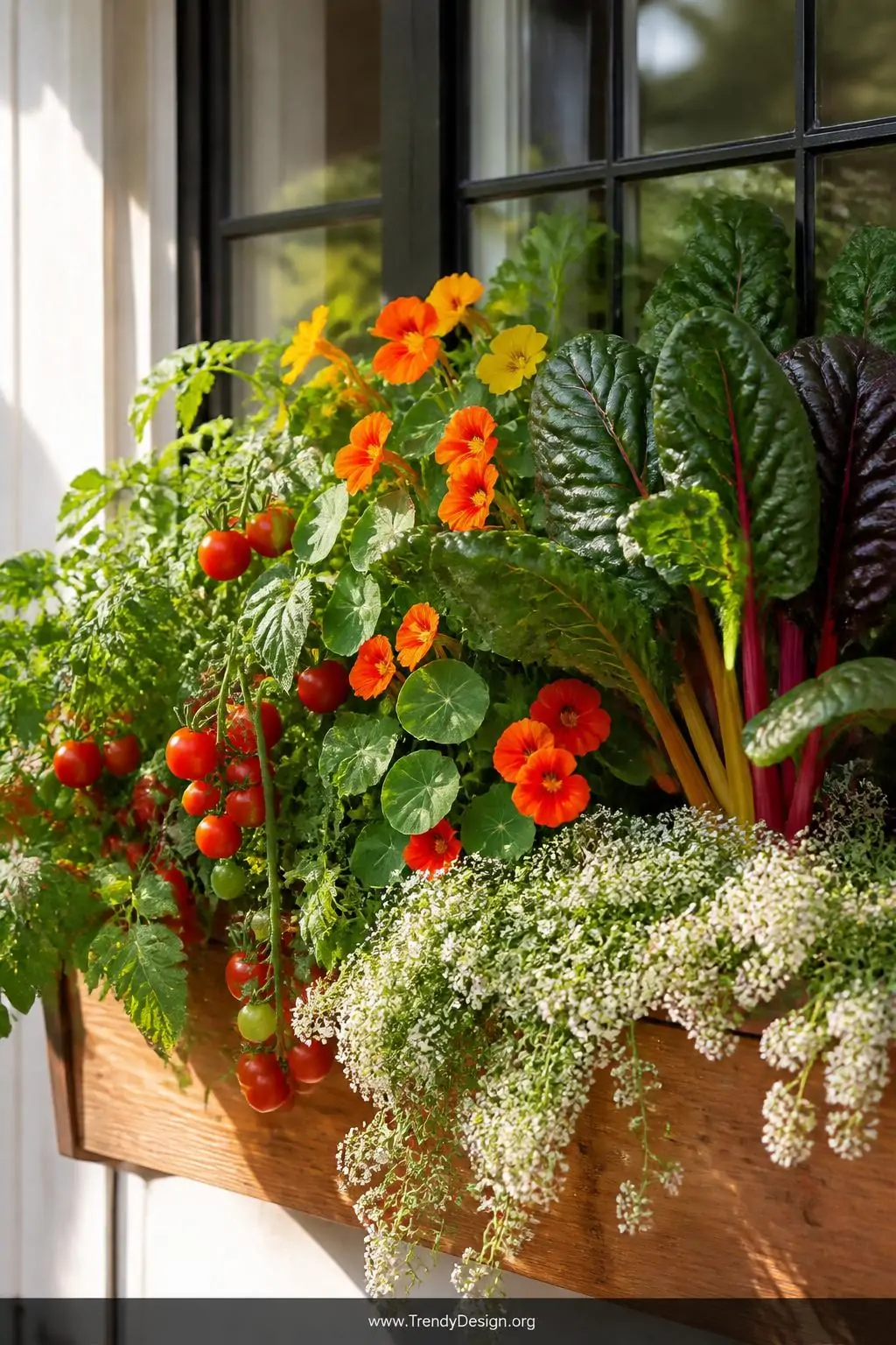 Closeup medium shot of a kitchen window box overflowing with glossy trailing cherry tomato vines dotted with tiny red fruit, 