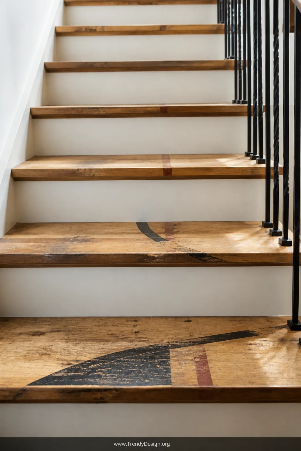 Detail closeup of reclaimed basketball court stair treads ascending a staircase, each maple step revealing fragments of origi