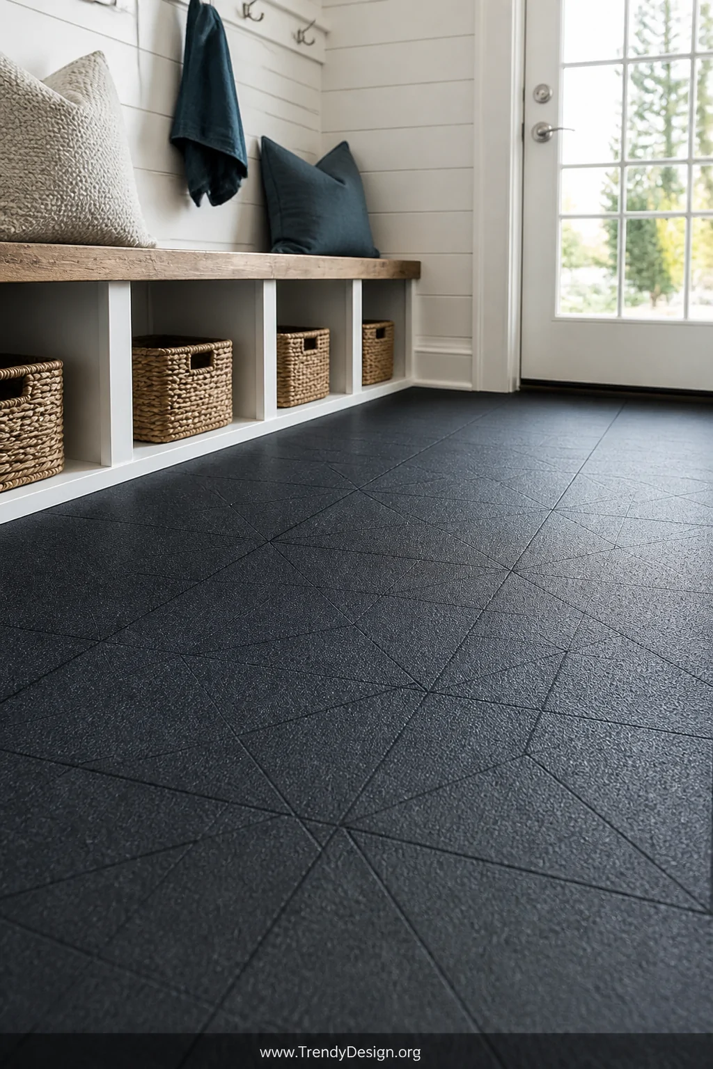 Detail closeup photorealistic shot of recycled rubber flooring tiles in a sleek charcoal matte finish with subtle geometric p