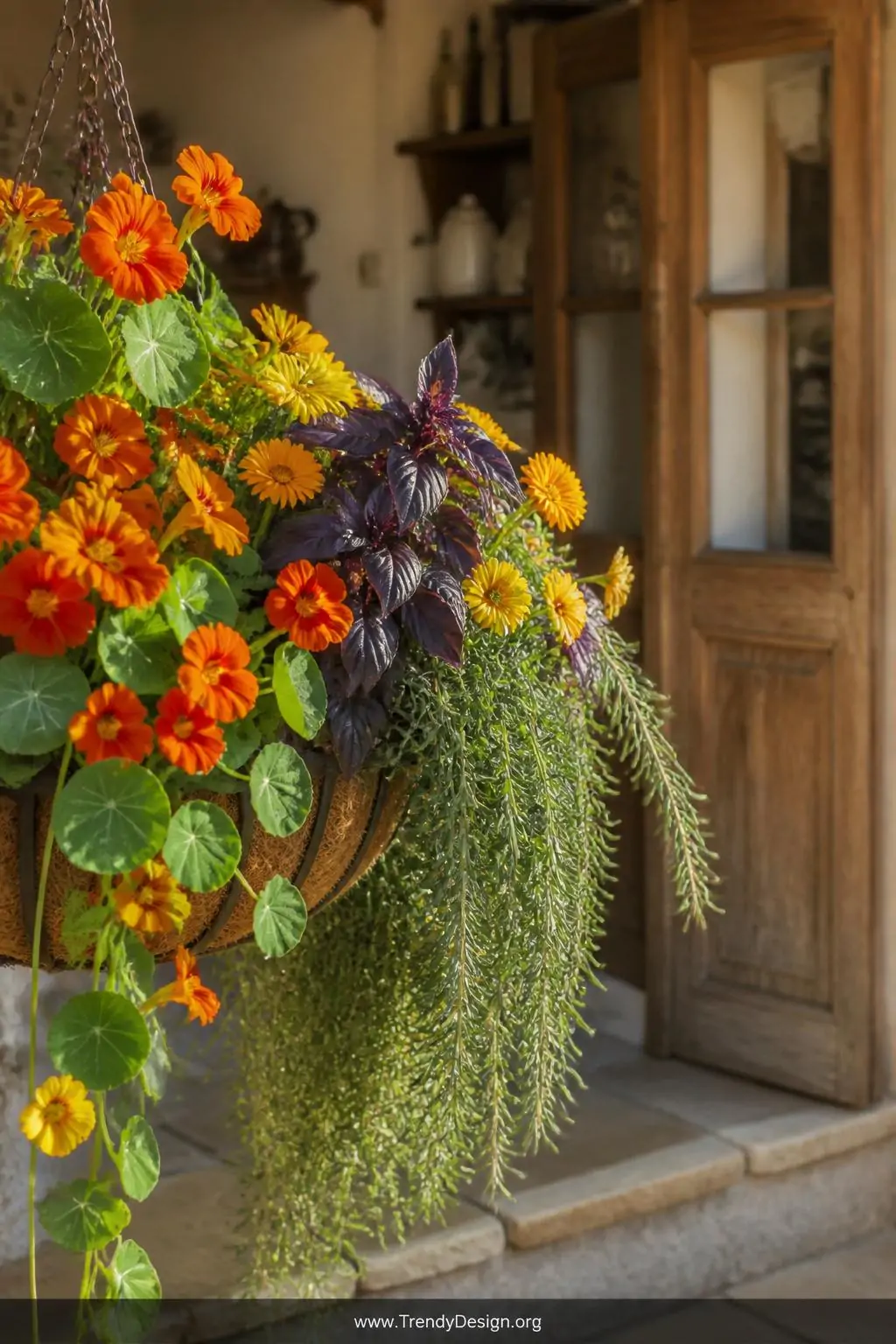 A closeup photorealistic shot of a rustic hanging basket brimming with bold orange and yellow nasturtium blooms, cascading tr