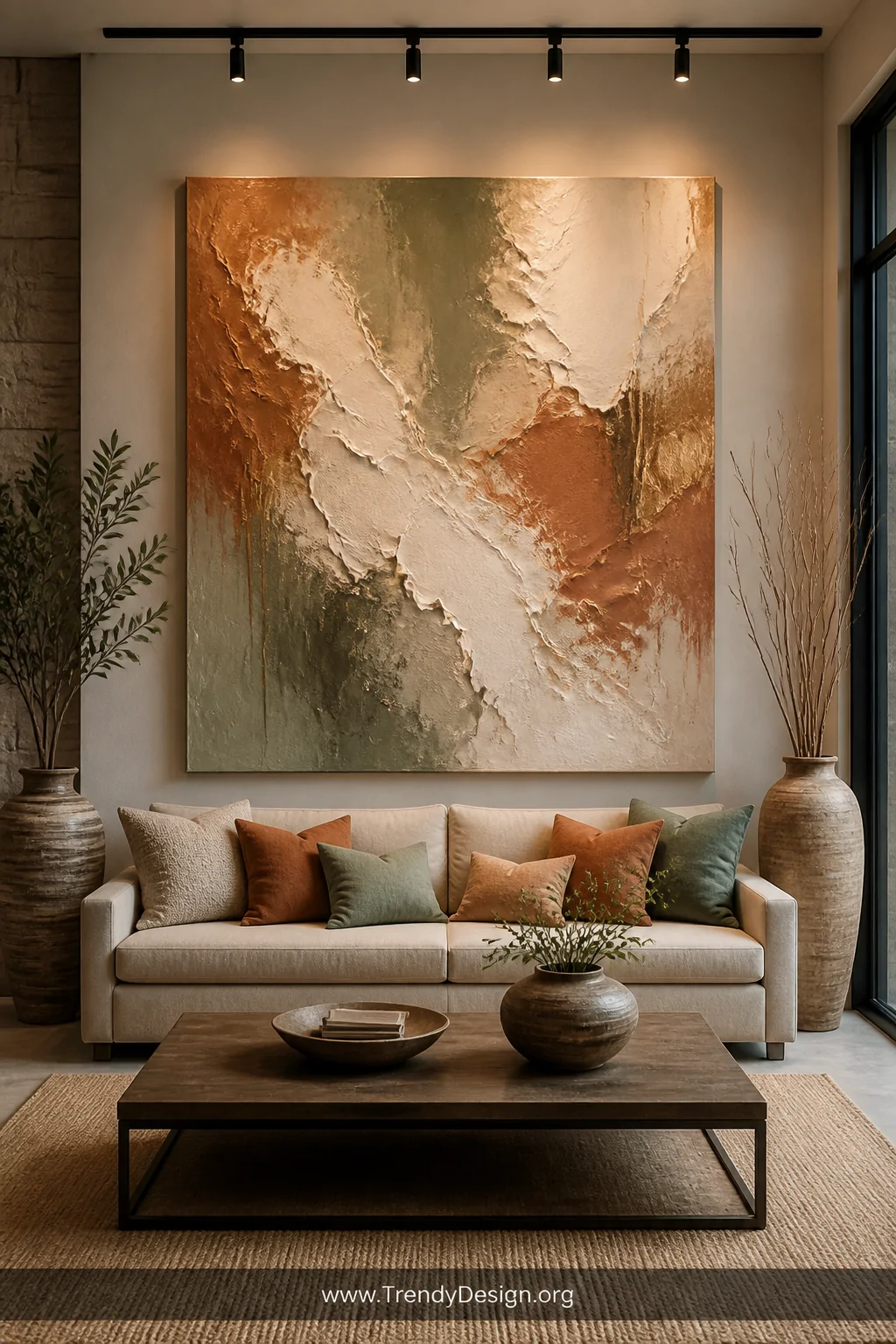 Medium photorealistic living room interior featuring an oversized DIY abstract canvas painting hung above a linen sofa, bold 