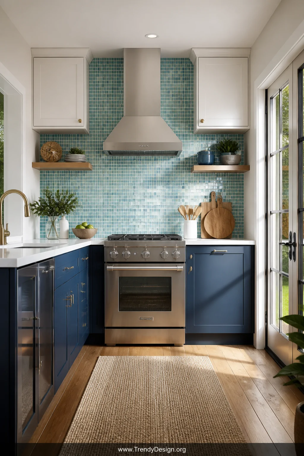 Wide shot of a compact bright kitchen featuring blue and green glass mosaic peel and stick tile backsplash reflecting natural