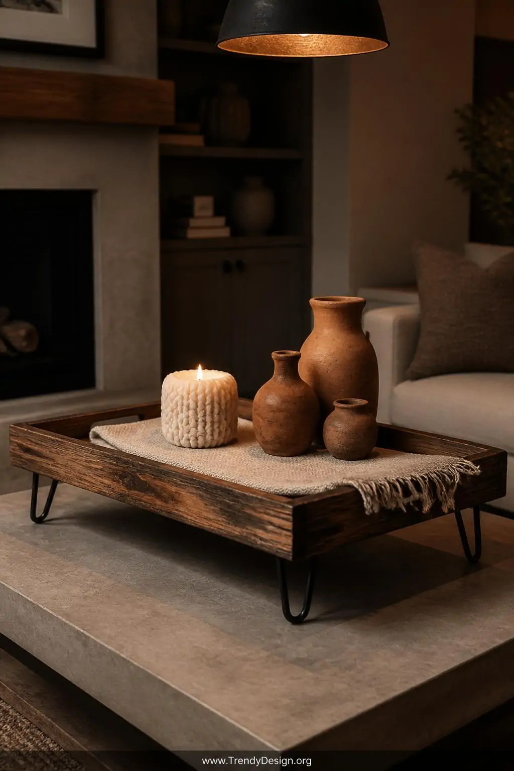 Wide shot of a substantial reclaimed pallet wood tray finished in dark walnut stain and elevated on four miniature matte blac
