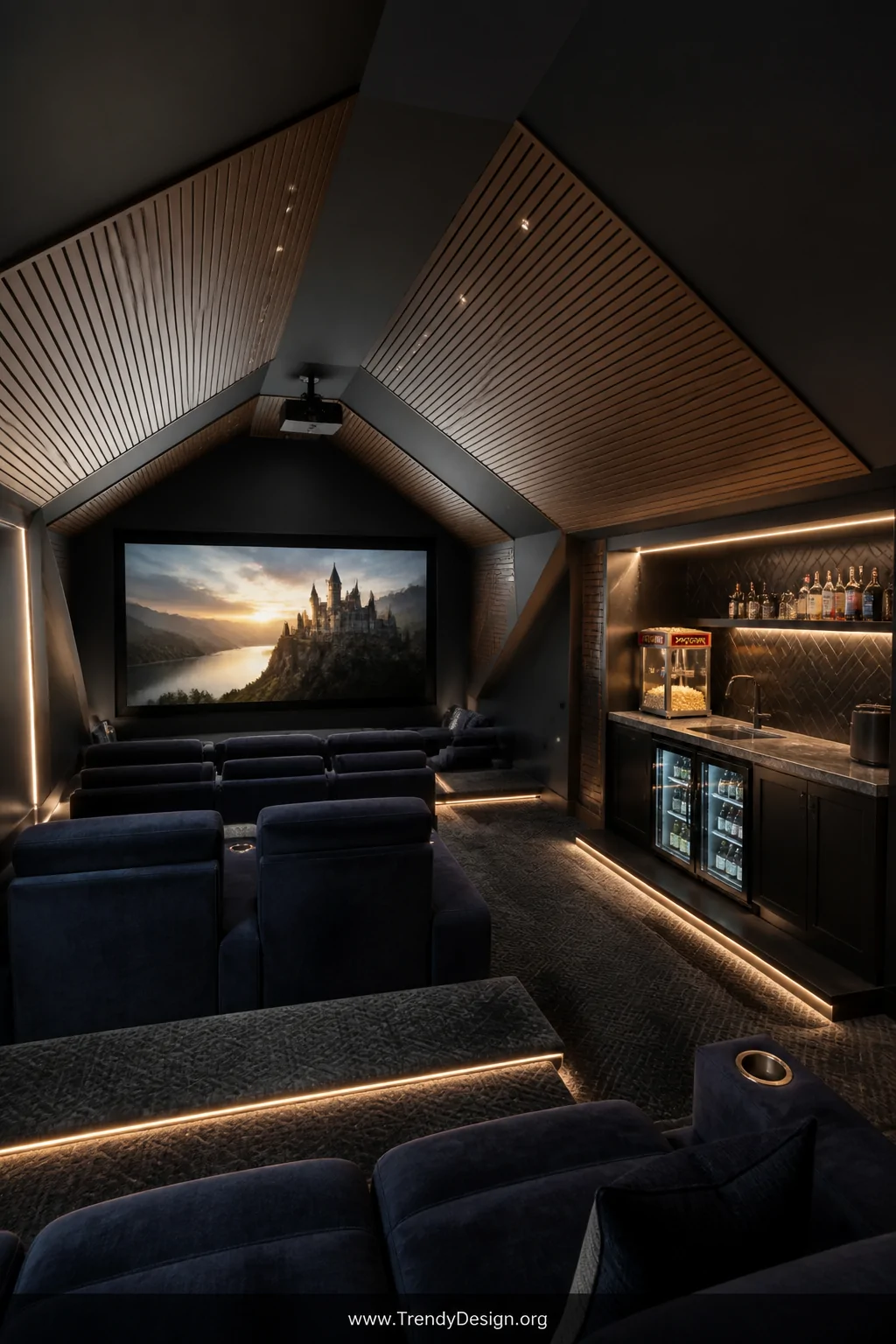 Close-medium photorealistic interior shot of a moody attic entertainment room with deep charcoal walls, tiered rows of plush 