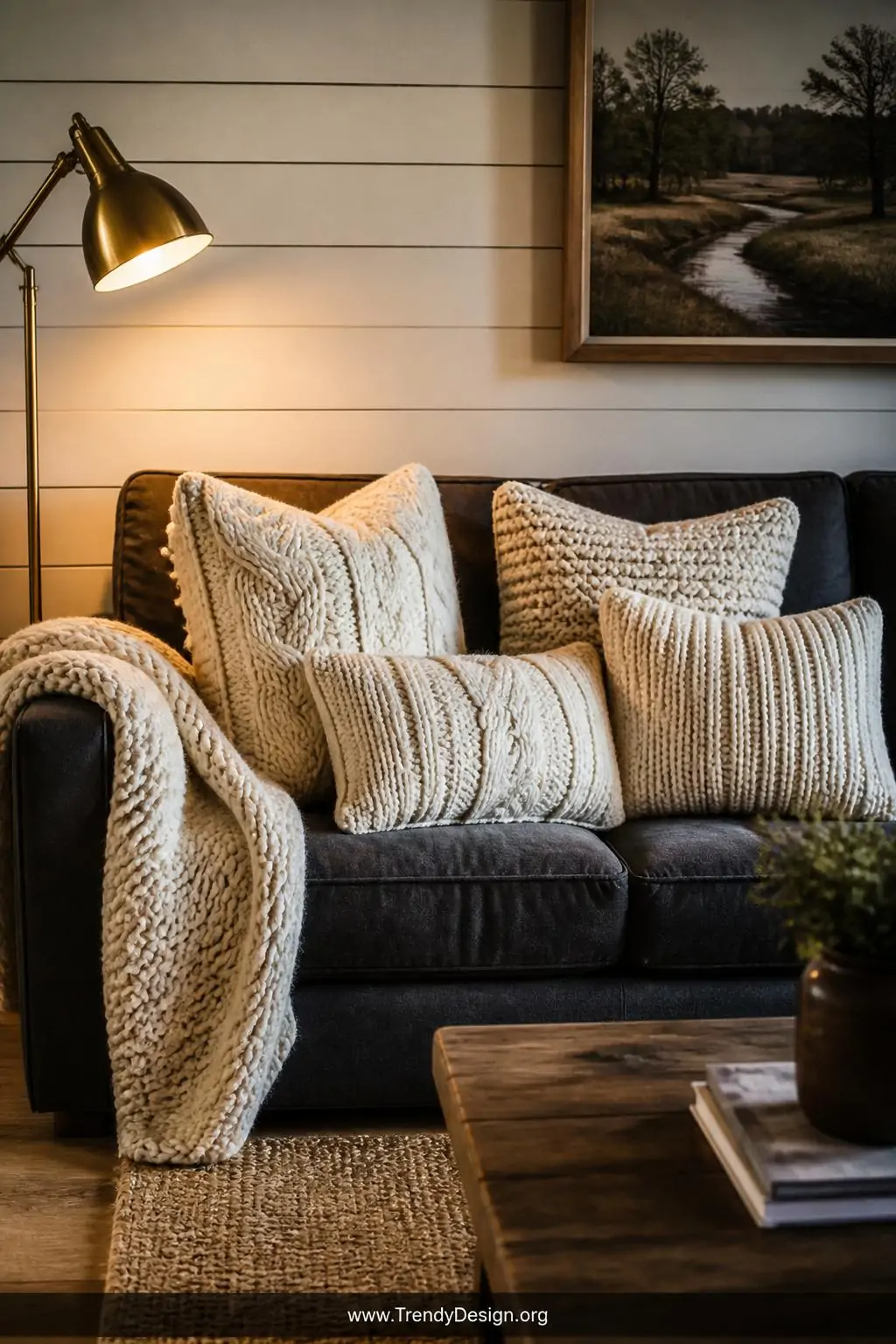 A medium shot of a deep charcoal linen sofa luxuriously layered with four oversized chunky cream and ivory knit pillow covers