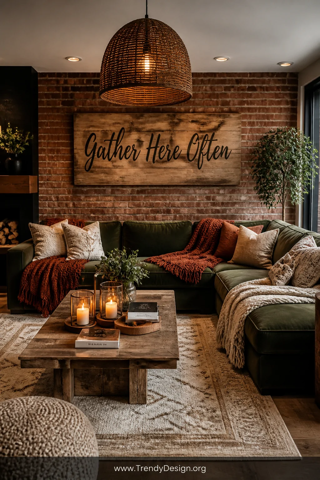 Wide shot of a cozy living room with a deep olive velvet sectional sofa layered with chunky knit throws in rust and cream, a 