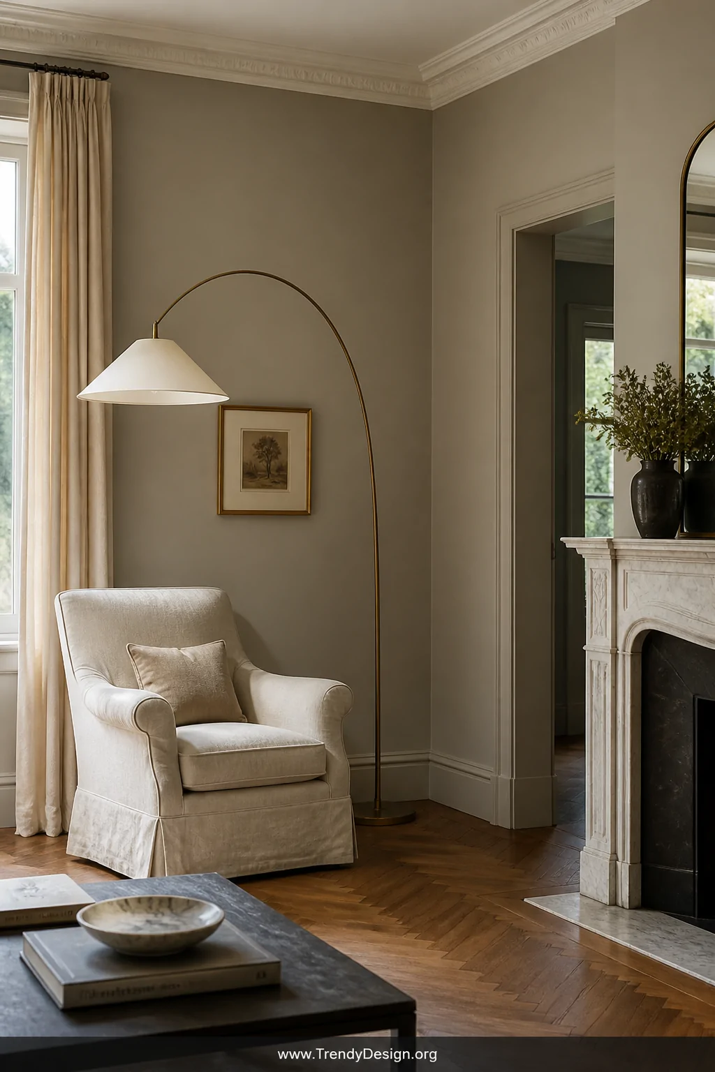 Medium shot of an elegant traditional living room with soft white crown molding and matching decorative cord molding running 