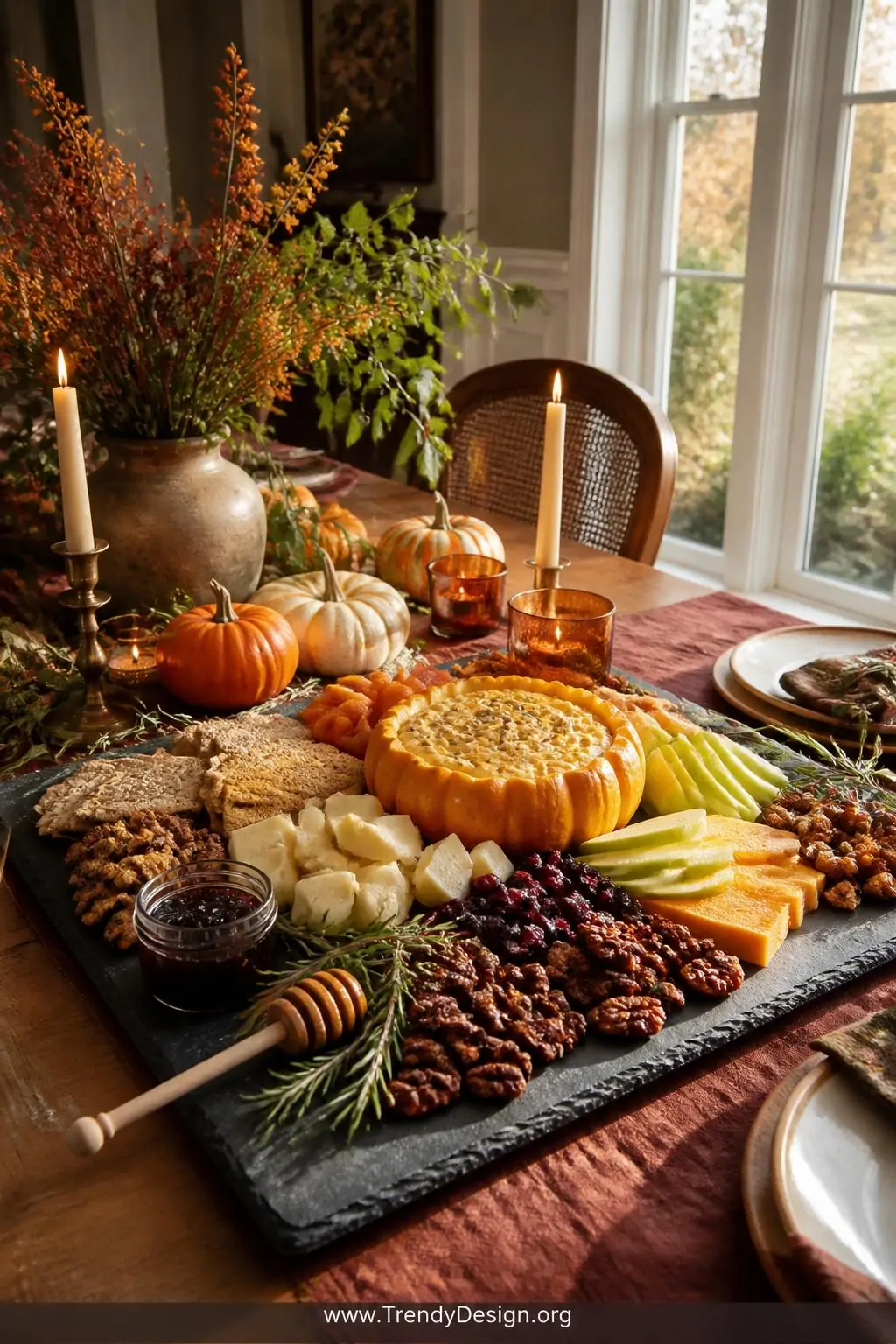 A wide shot of a large slate cheese board sprawling across a styled harvest dining table, anchored by a carved mini pumpkin o