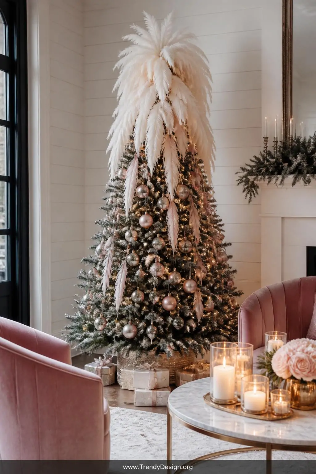 A photorealistic wide-shot of a romantic Christmas tree crowned with a cascading white feather plume topper with softly ruffl