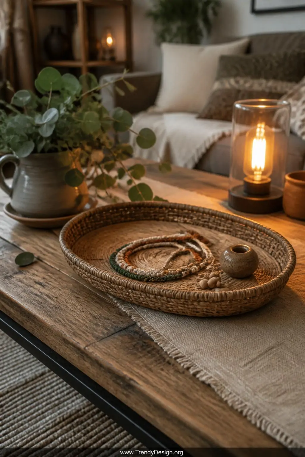 A rustic woven rattan tray atop a reclaimed wood coffee table displays a macramé and bead anklet in terracotta, cream, and fo
