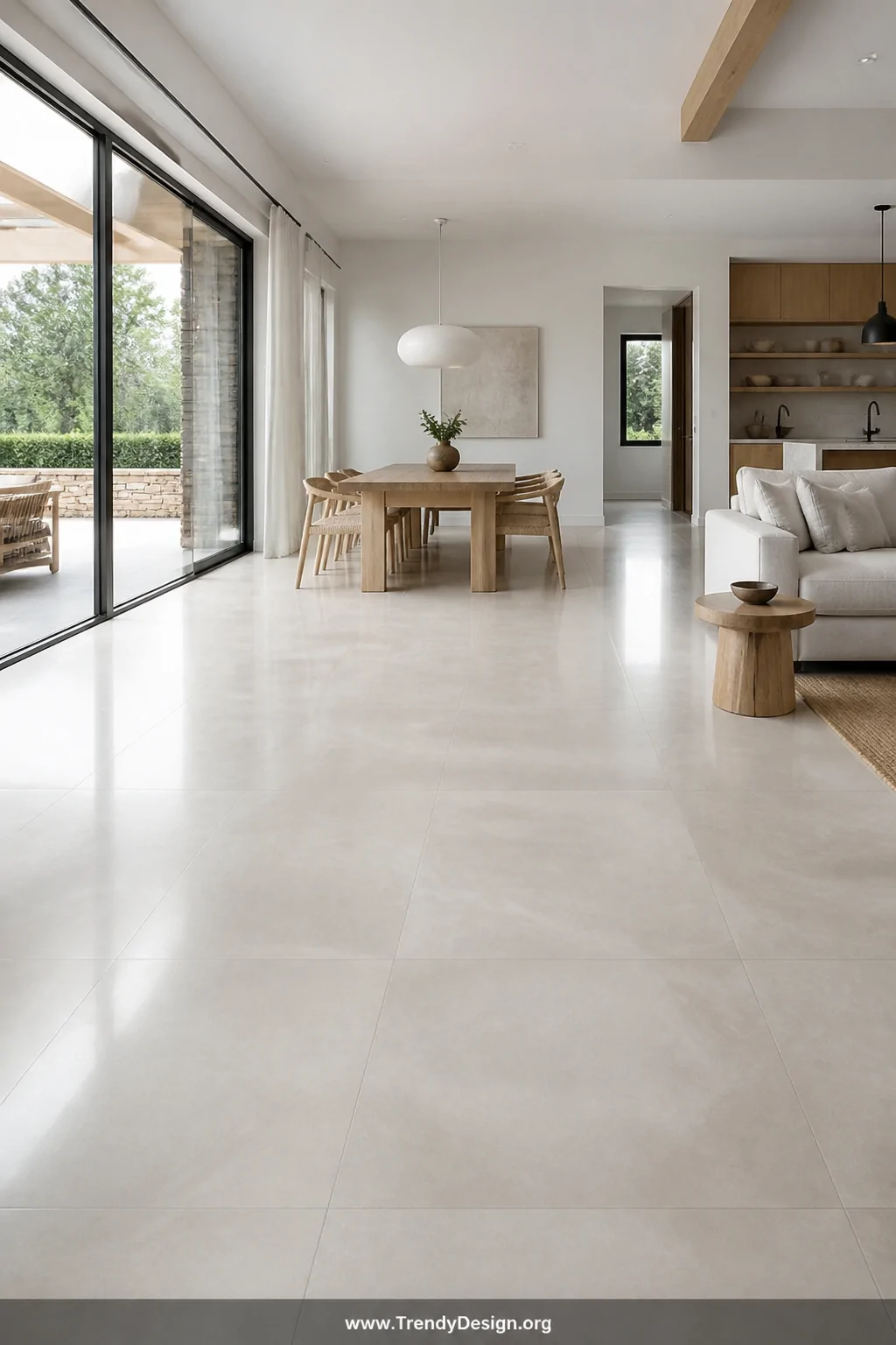 Wide interior shot of a bright open living space with large-format 24x24 inch cool white porcelain tiles laid seamlessly over