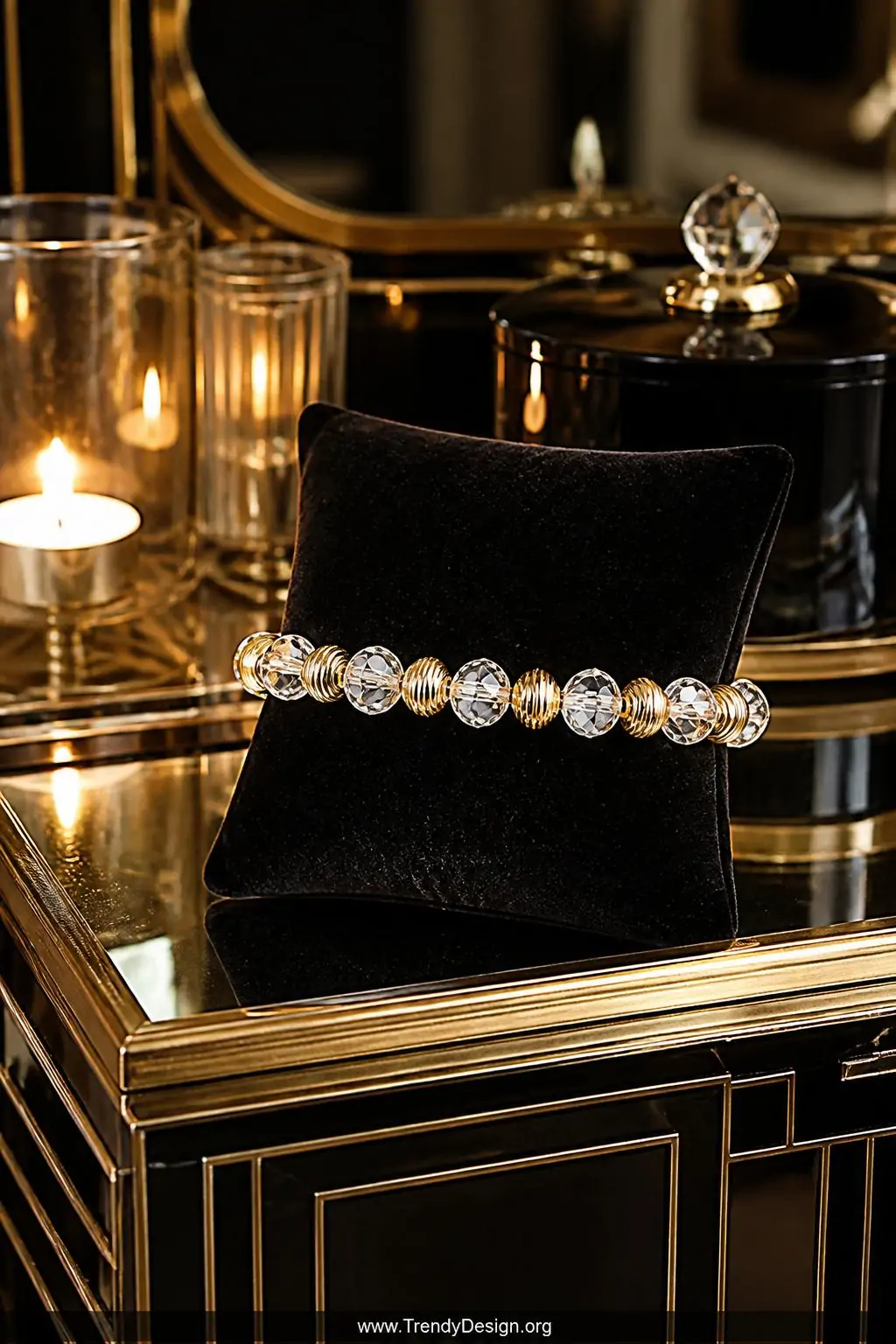 A photorealistic medium shot of a glamorous crystal and gold bracelet displayed on a black velvet jewelry pillow atop a mirro