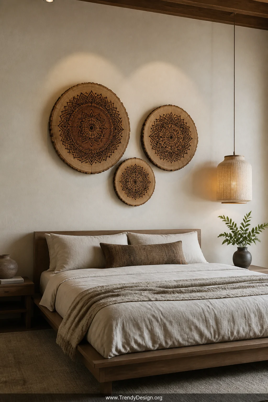 A minimalist bedroom gallery wall with three polished tree slice rounds of varying sizes mounted on a warm white plaster wall