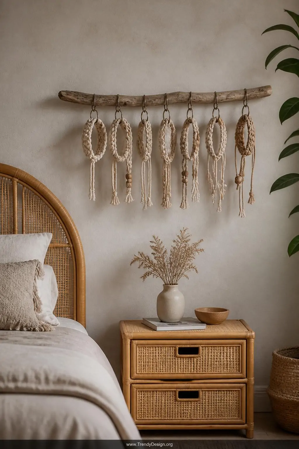 Wide shot of a bohemian bedroom wall display featuring several macramé-inspired knotted bracelets with chunky cotton cord and
