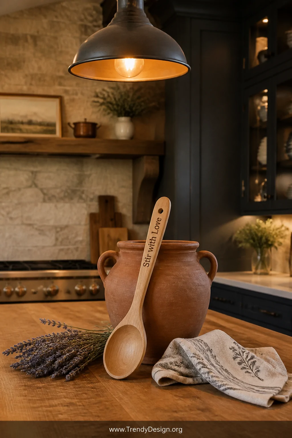A warm cozy kitchen vignette at medium shot showing a wooden spoon propped against a terracotta pot on a butcher block counte