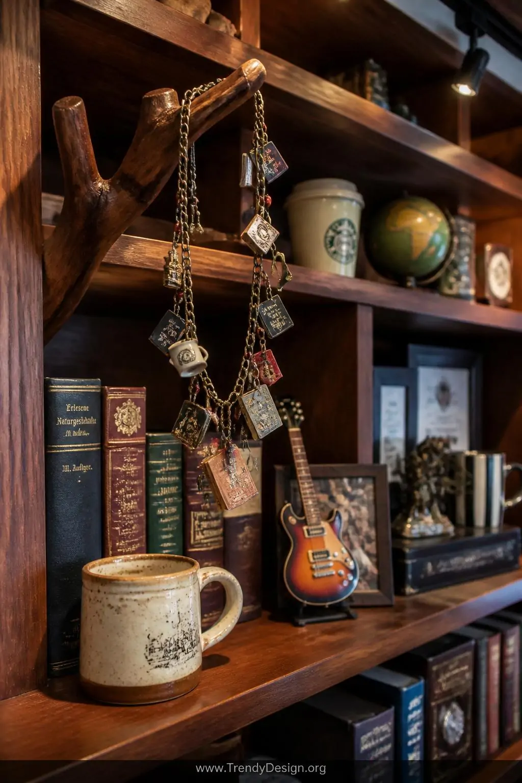 A wide-shot photorealistic interior design scene of a vibrant eclectic hobby-room shelf display where a layered charm necklac