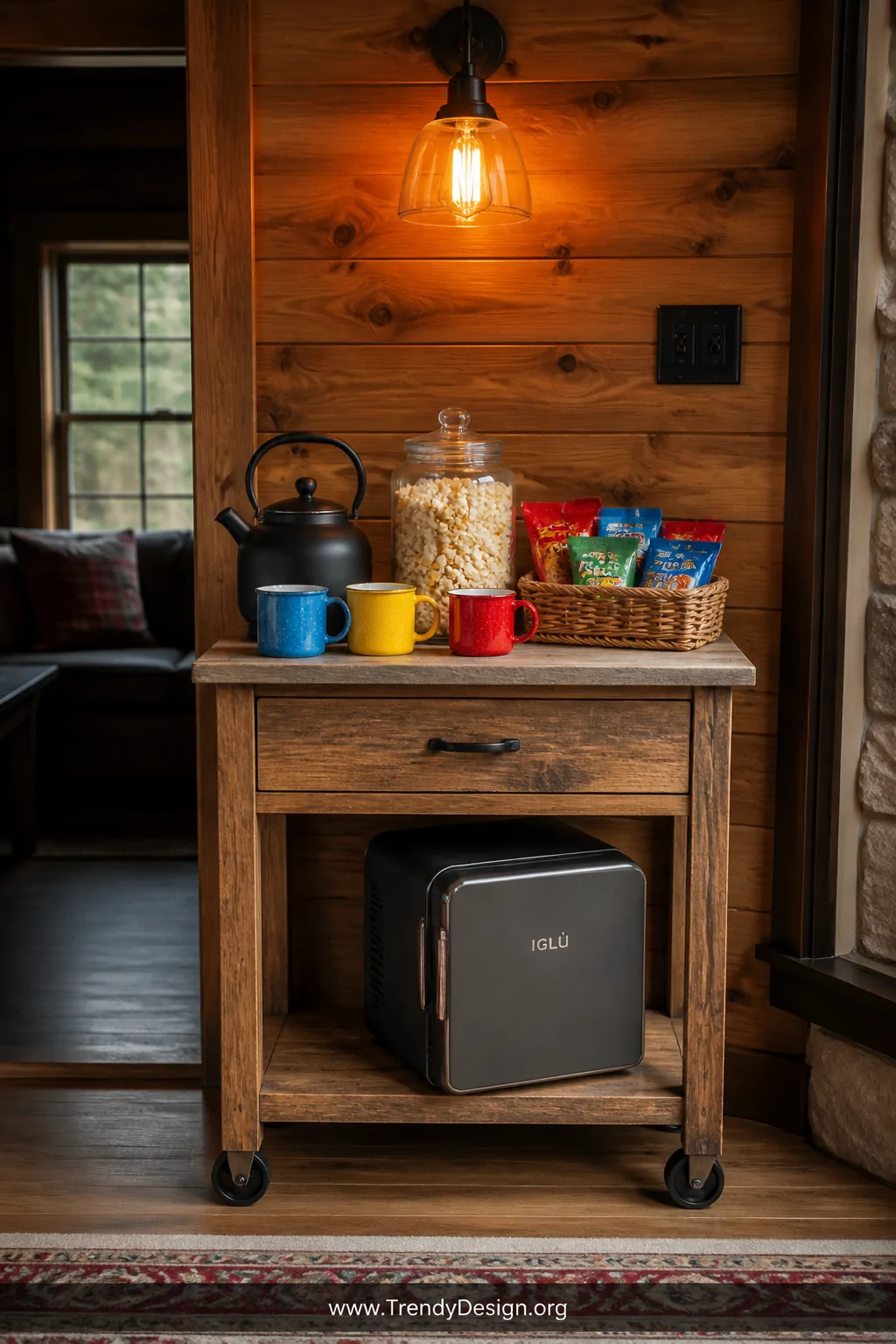 A compact weathered oak rolling cart styled as a snack station topped with a small matte black kettle, colorful enamel camp m