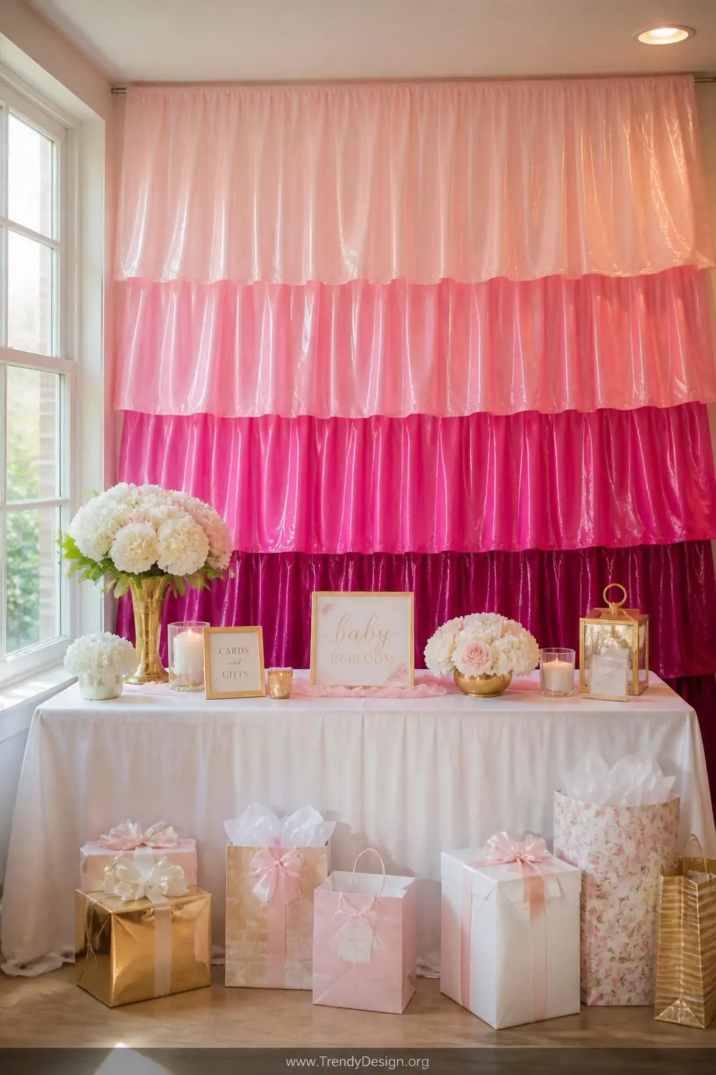 A wide-shot photorealistic interior design scene of a horizontal ombre waterfall backdrop featuring four overlapping plastic 