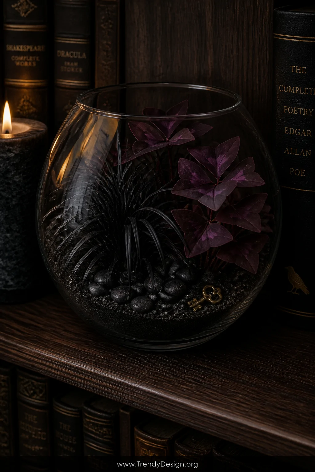 Close-up detail shot of a moody fish bowl terrarium on a dark oak bookshelf surrounded by leather-bound books and a flickerin