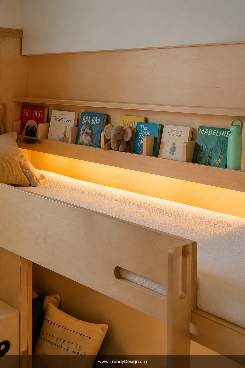 Wide shot of a top bunk featuring a shallow four-inch deep bookshelf guard rail with small vertical dividers creating individ