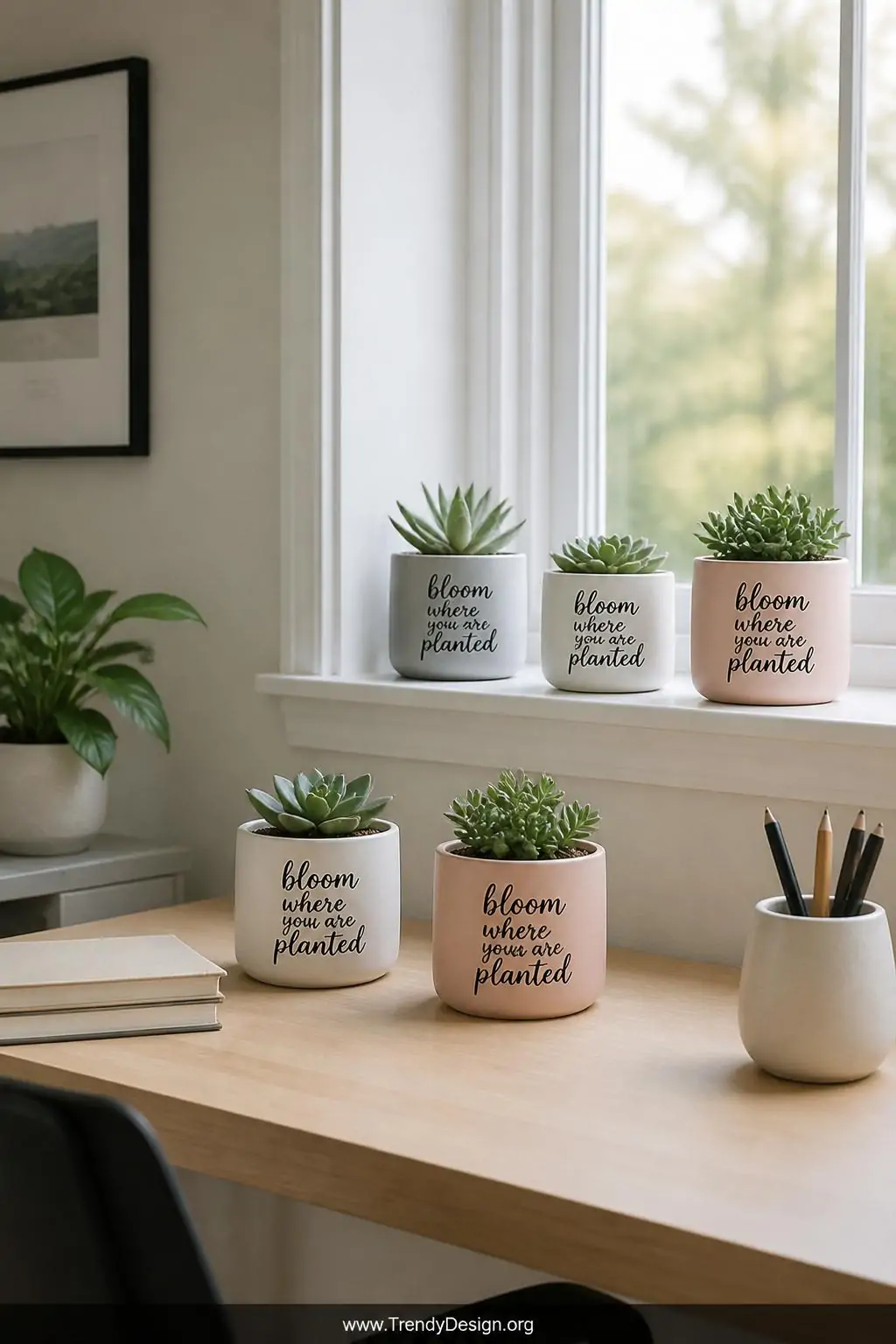 Wide shot of a bright minimalist desk and windowsill vignette featuring clean white and soft pastel clay pots hand-lettered w