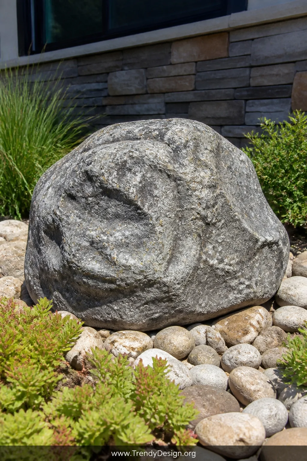 Medium shot of a highly realistic lightweight resin faux boulder cover in mottled gray and taupe stone tones, convincingly te