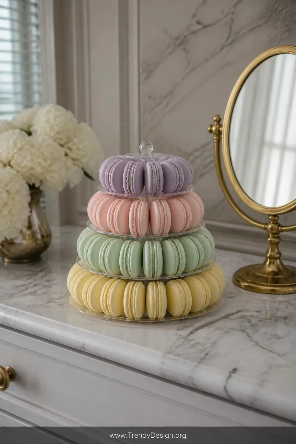 A wide photorealistic shot of a tiered macaron tower built from miniature clay shells in lavender, blush pink, mint green, an