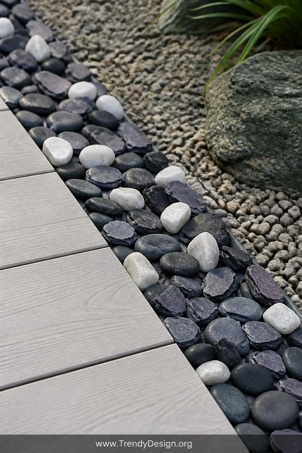 Close-up shot of smooth charcoal river pebbles and angular slate chips forming a decorative inlay border where pale composite