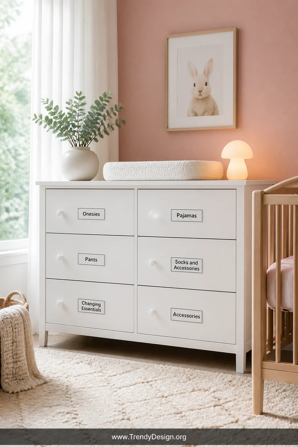 Wide shot of a complete white nursery dresser styled against a warm blush pink accent wall, every drawer front bearing a matc