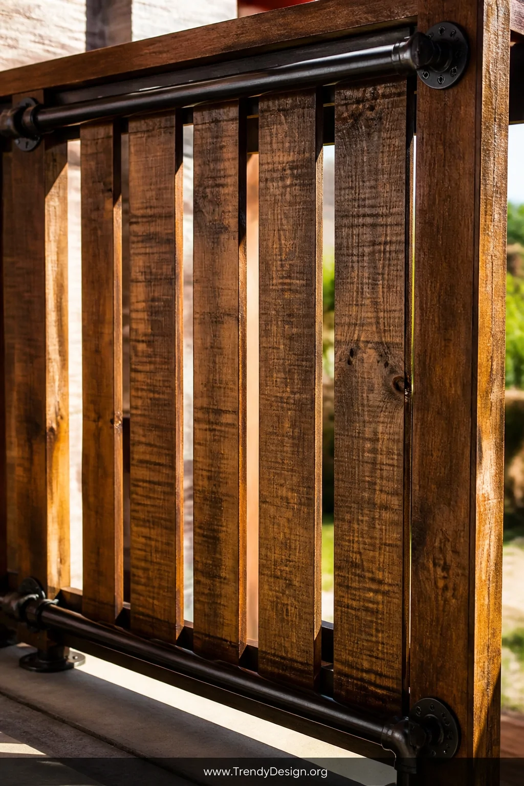 A closeup photorealistic shot of a pallet railing detail showing sanded and dark-walnut-stained vertical pallet boards secure