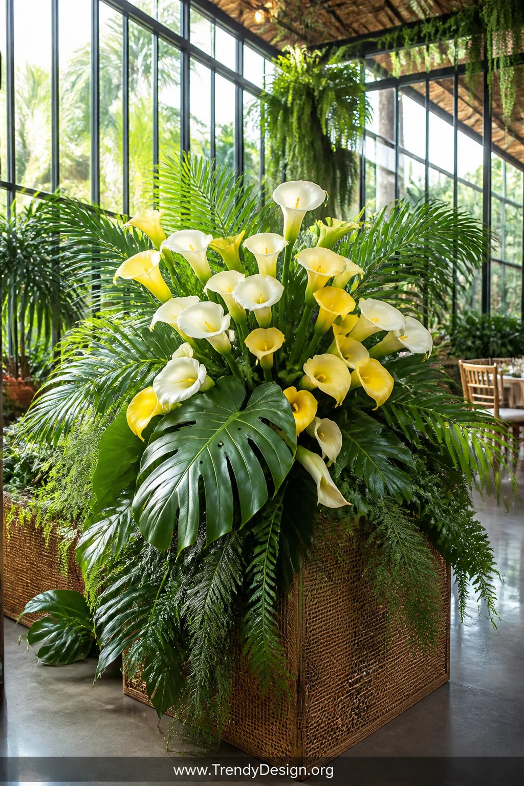 A wildly luxurious tropical bouquet of white and yellow calla lilies emerging from oversized monstera leaves, sprawling palm 