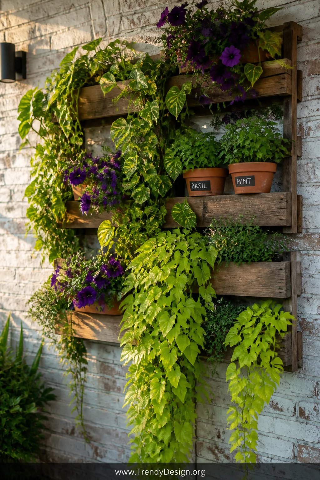 Medium shot of a lush DIY vertical garden wall built from reclaimed wood pallet panels mounted on a whitewashed brick exterio