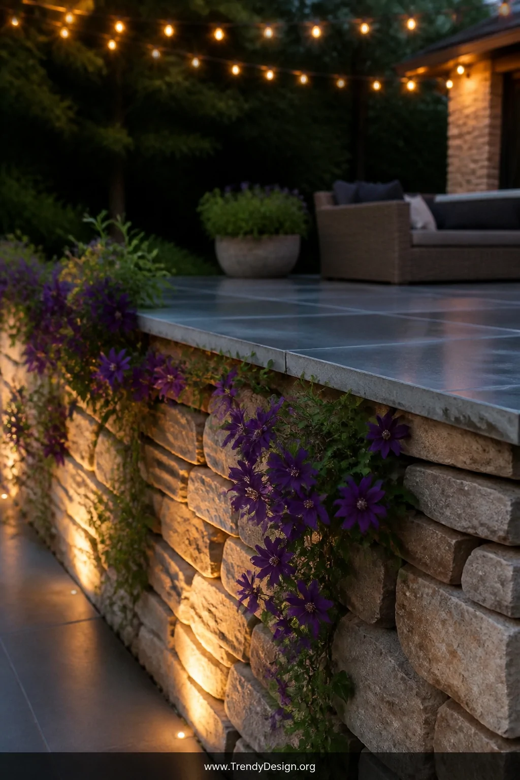 A closeup photorealistic shot of a dry-stacked limestone retaining wall topped with smooth charcoal bluestone terrace pavers,