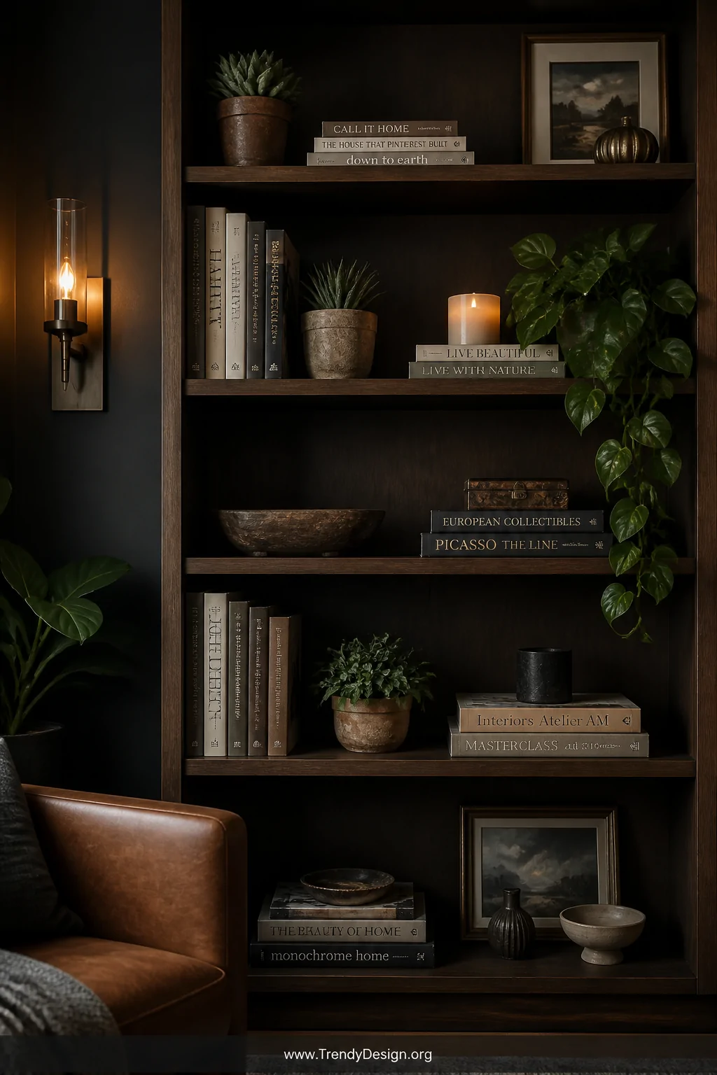 A tall dark walnut bookshelf styled with a curated mix of stacked hardcover books in muted earth tones, small sculptural succ