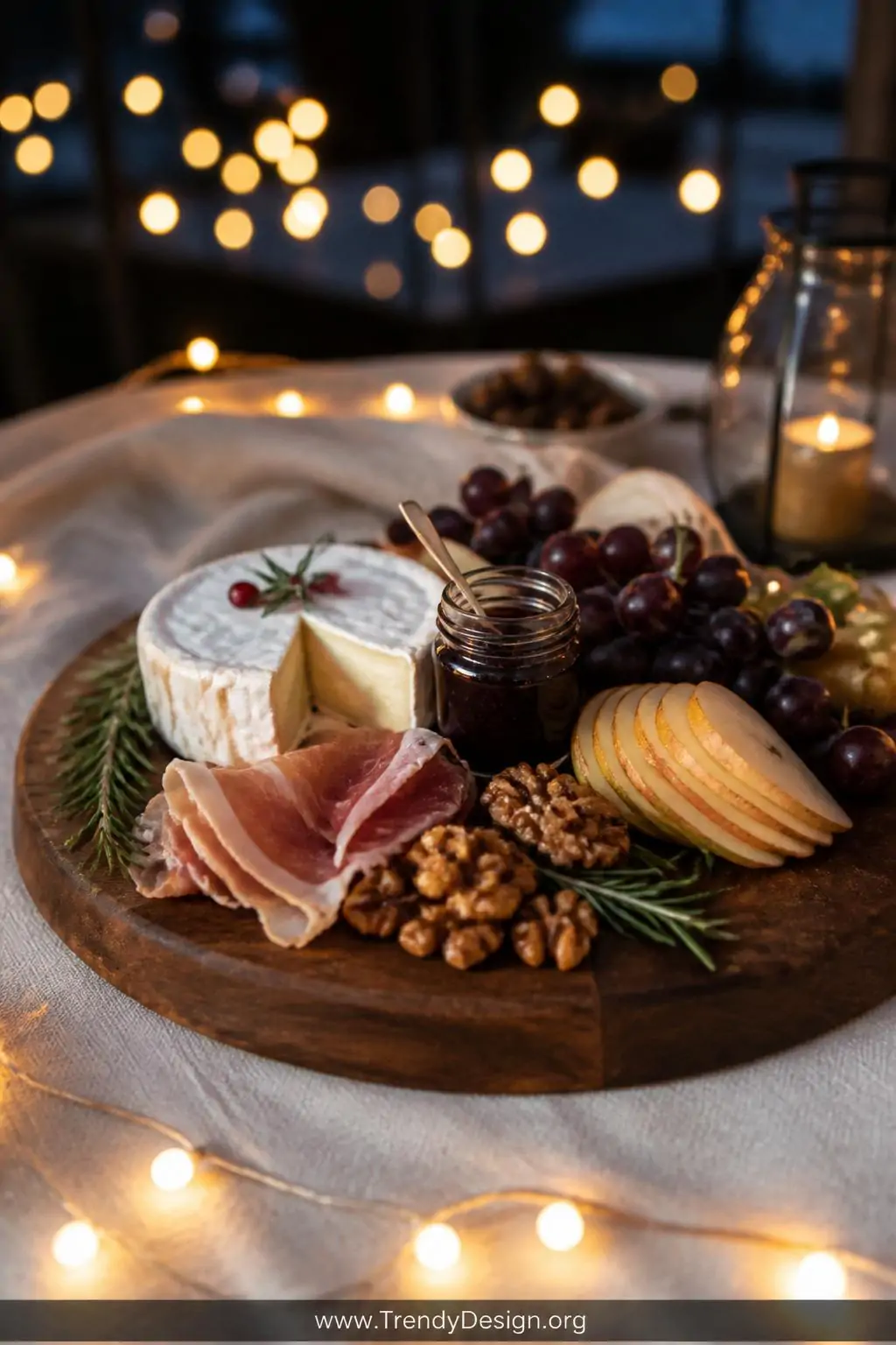 A glamorous medium-wide shot of a polished dark walnut grazing board resting on a linen-draped camp table strung with warm go