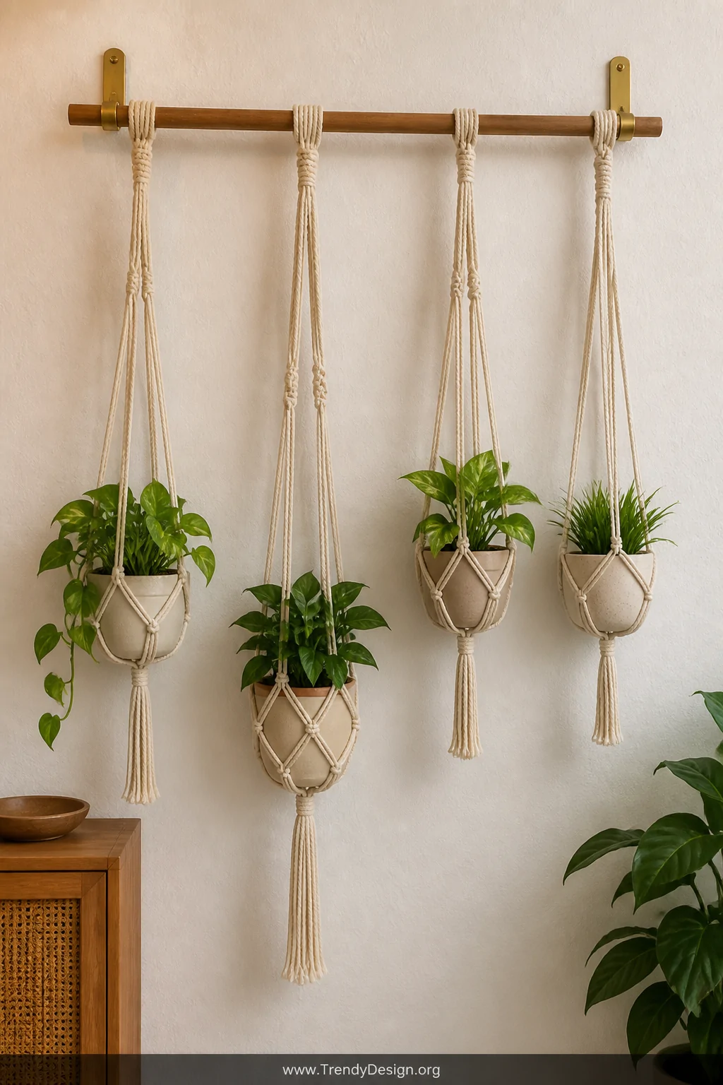 A wide wall shot of a wooden dowel display hung from two brass wall hooks, with four macrame plant hangers at varying uneven 