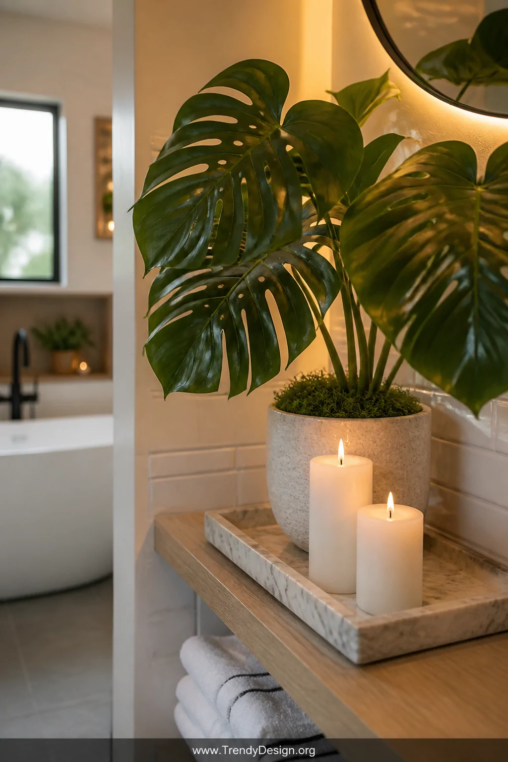 Closeup shot of a spa-like bathroom shelf styled with a lush faux monstera beside white pillar candles on a marble tray, larg