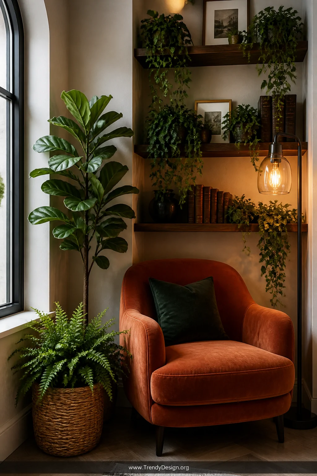 A photorealistic medium shot of an intimate reading nook built into a window alcove, a rust-orange velvet armchair nestled be