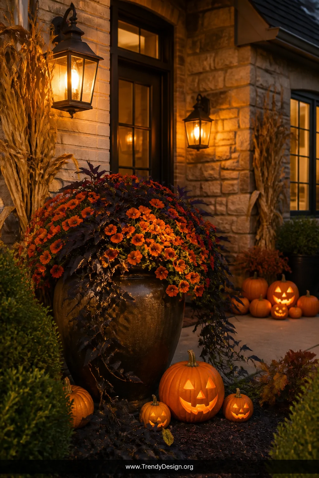 A photorealistic wide shot of a charming front garden entry where a permanently staked glazed ceramic pot spills a festive se