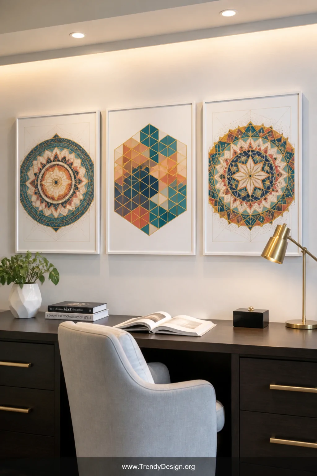 Medium shot of a styled gallery wall in a modern home office featuring three large framed geometric colored pencil artworks o
