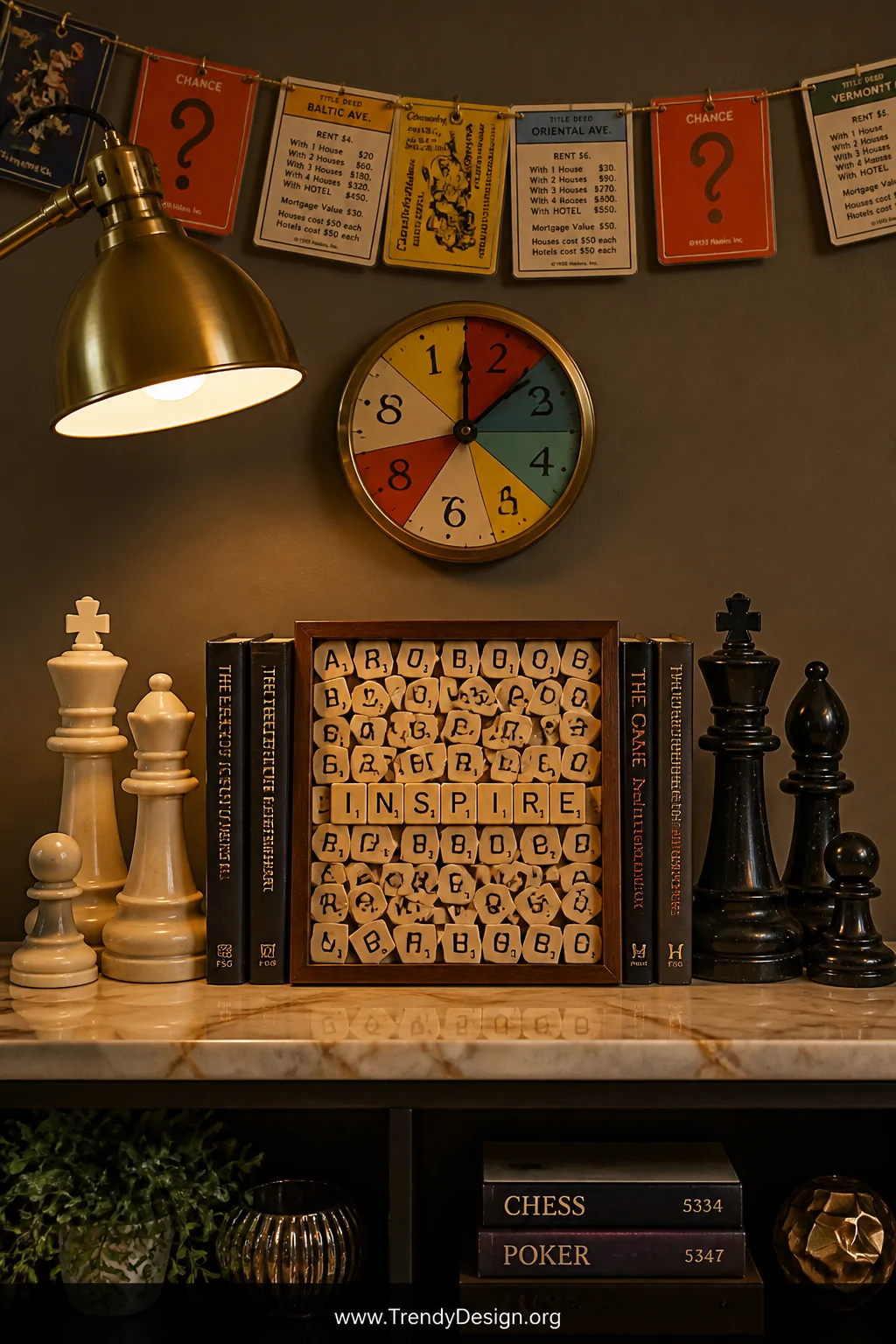 A closeup photorealistic styled vignette on a marble-topped home office shelf featuring large alabaster and obsidian chess pi
