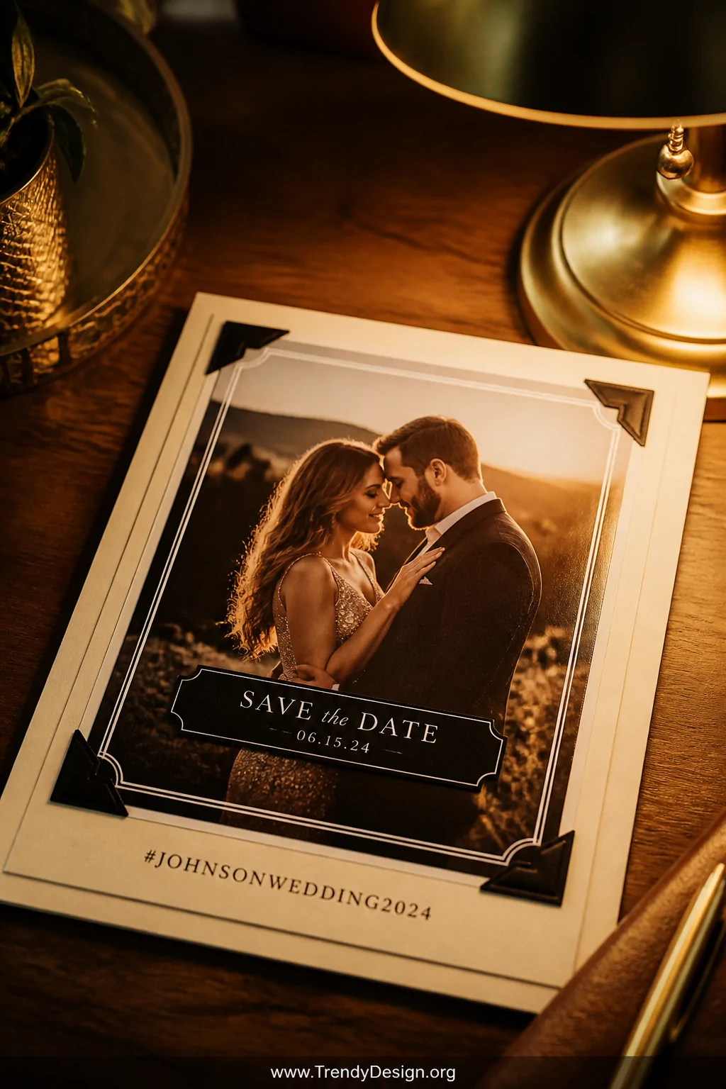 A close-up shot on a warm walnut wood desktop features a layered save-the-date card with a richly printed engagement photogra