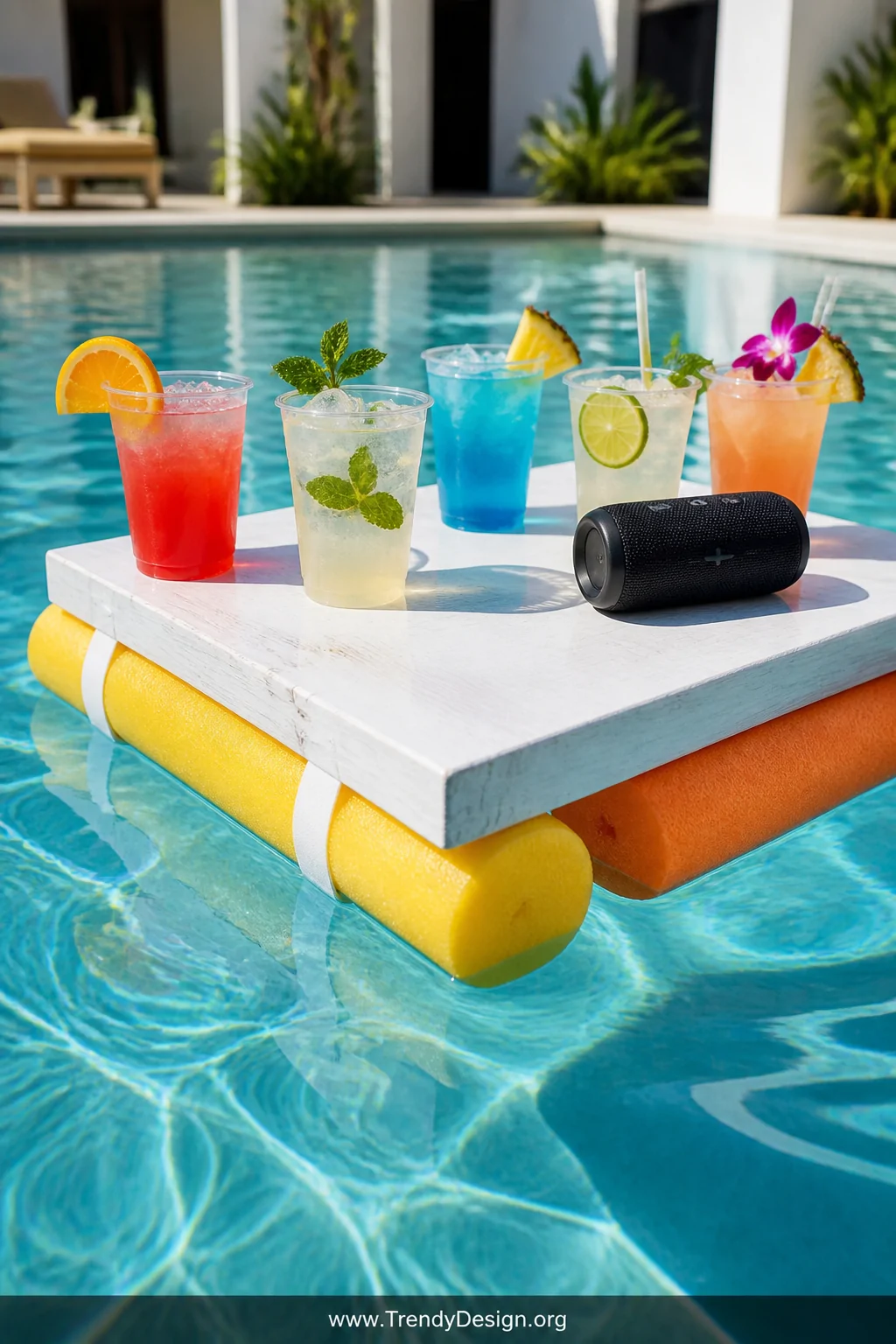 A close-up of a DIY floating pool noodle bar tray drifting on crystal-clear turquoise pool water, bright yellow and orange fo